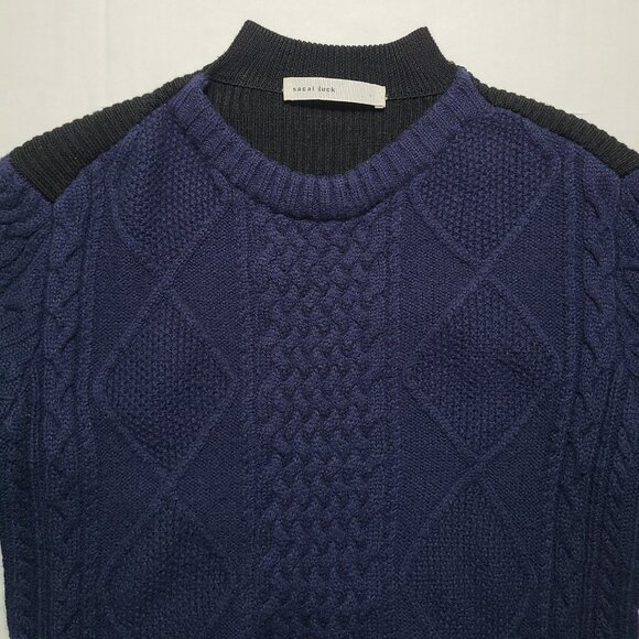 Sacai Luck Women Sz 3 Large 100 Wool Cable Knit Navy Sweater Black Back 2-tone - Picture 4 of 12